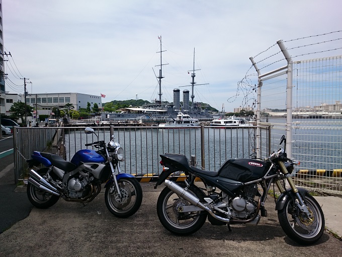 記念艦三笠を背景にグースとジール